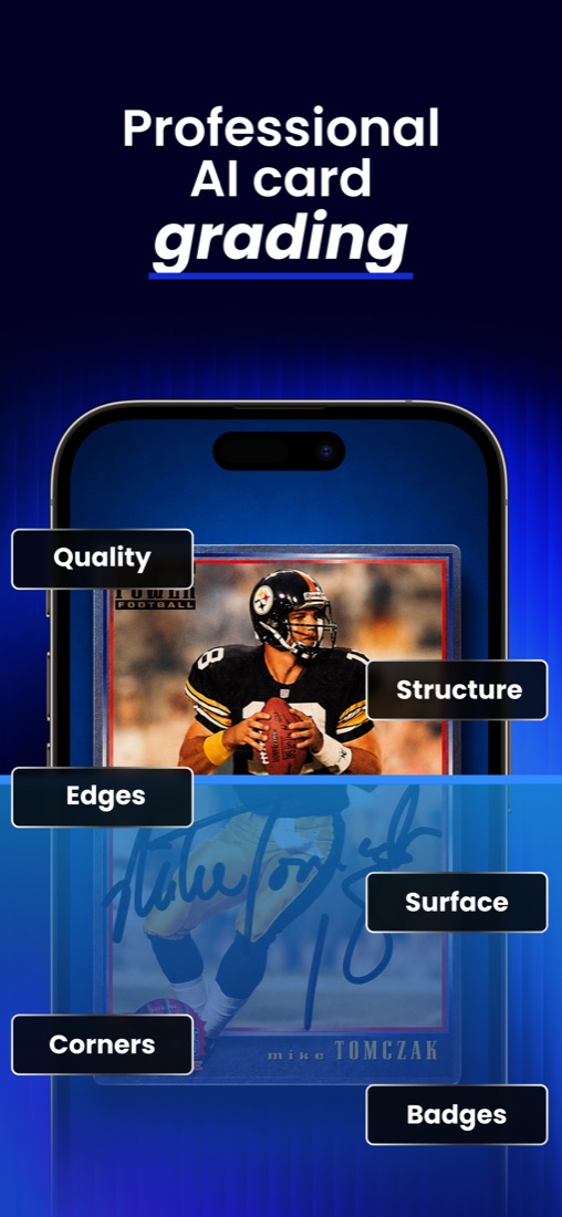 AI grading screen analysing quality, structure, edges, surface, corners, and badges